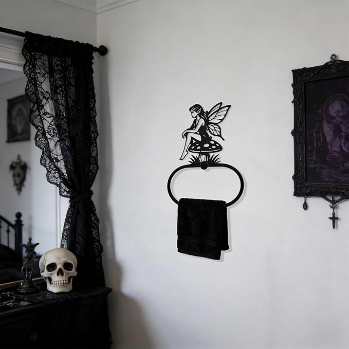 Gothic Tinker Bell Mushroom Towel Ring, Black Metal Witchy Wall Mounted Bathroom and Kitchen Towel Holder, Goth Hand Towels Bathroom Kitchen Accessories, Witchy Hands Rack for Home Office
