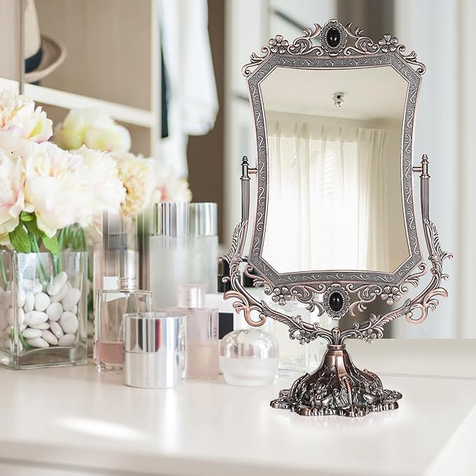 JUXYES Metal Tabletop Antique Decorative Makeup Mirror with Stand, Vintage 360° Swivel Double Sided Cosmetic Mirror with Frame, Retro Desktop Dressing Mirror Magic Mirror for Dresser