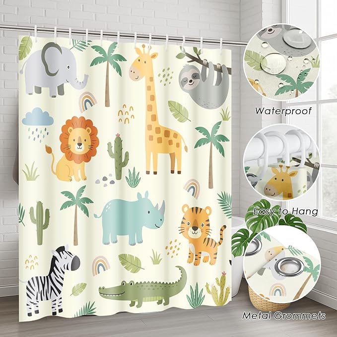 Britimes 4 Piece Shower Curtain Sets, Safari Kids Animals Cute with Non-Slip Rugs, Toilet Lid Cover and Bath Mat, for Bathroom Decor Set, 72" x 72"
