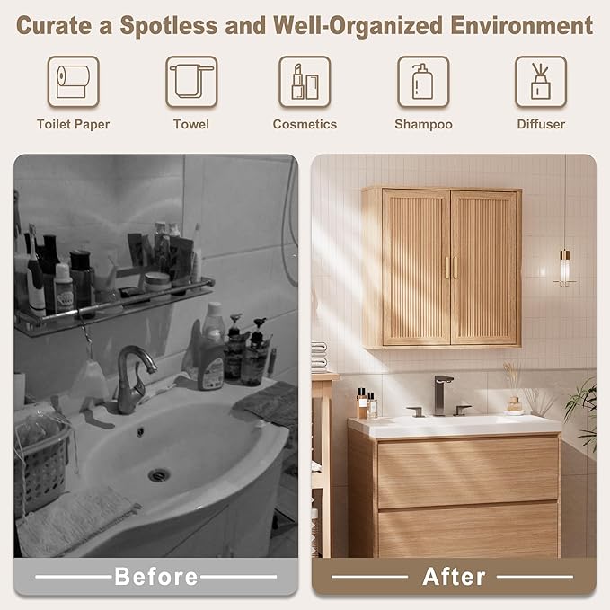 INNOD Bathroom Storage Cabinet, Over The Toilet Storage Cabinet, Medicine Cabinet with Adjustable Wood Shelf & Doors for Laundry Room & Kitchen & Living Room (Natural Oak)