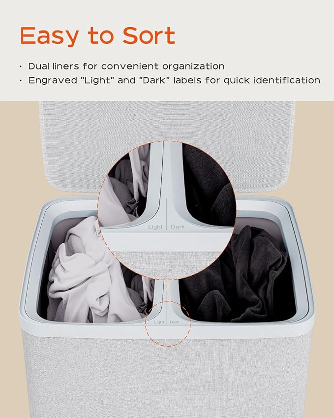 CASAMAYA Laundry Basket with Lid, Laundry Hamper 2 Section, 170L collapsible Laundry Organizer, Easy Assembly, with Handles and Removable Liners, 22 x 15.7 x 29.5 Inches, Gray JSP903G