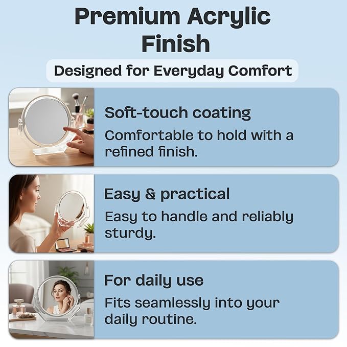 Danielle Creations Round Acrylic Vanity Mirror, Clear 1x/10x Magnifying Makeup Mirror with Soft Touch Stand, Tabletop Desk Bathroom Vanity Mirror, Portable Compact Mirror