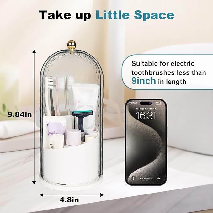 QIYVLOS Toothbrush Holders with Sliding Lid, Rotating 3 Slots Bathroom Organizer Countertop, Tooth Brush Toothpaste Holder Bathroom Counter Stand Caddy for Vanity Makeup Brushes Holder (White)