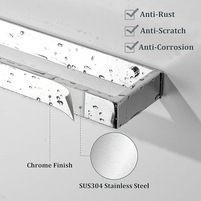 Sayayo Chrome Towel Bar for Bathroom Wall, 8 Inch Hand Towel Holder, Screw or Self Adhesive Towel Ring Square SUS304 Stainless Steel, 3.2 Inch Wider Design