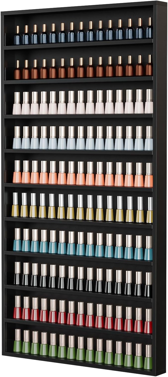 OmySalon Nail Polish Organizer Wall Mount - Holds 200 Bottles with Acrylic Barrier, Salon Display Rack for Home Spa & Nail Studio - Assembly Required, Wooden Polish Storage (Black, 10-Tier)