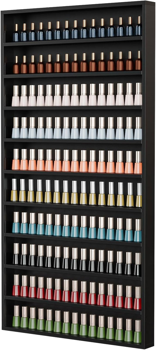OmySalon Nail Polish Organizer Wall Mount - Holds 200 Bottles with Acrylic Barrier, Salon Display Rack for Home Spa & Nail Studio - Assembly Required, Wooden Polish Storage (Black, 10-Tier)