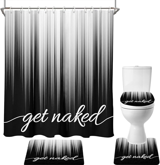 AAtter 4 Piece Black and White Shower Curtain Set Get Naked Grey Silver Ombre Abstract Striped 60Wx72L Curtains Decor with Non-Slip Rugs, Toilet Lid Cover and Bath Mat Bathroom Accessories, Modern