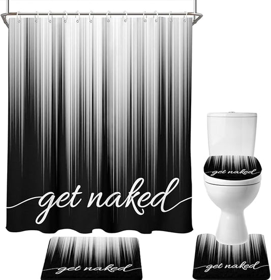 AAtter 4 Piece Black and White Shower Curtain Set Get Naked Grey Silver Ombre Abstract Striped 60Wx72L Curtains Decor with Non-Slip Rugs, Toilet Lid Cover and Bath Mat Bathroom Accessories, Modern