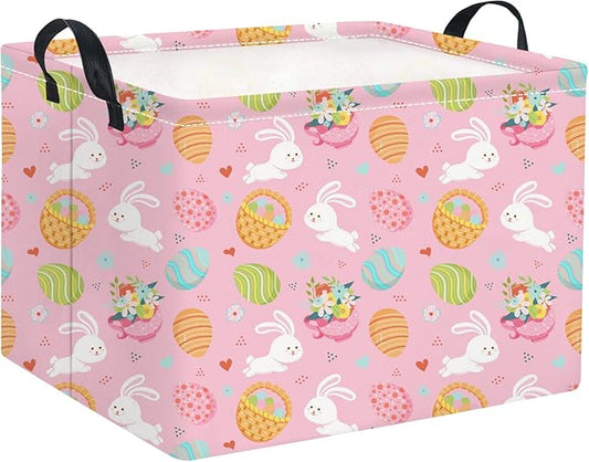 Rectangular Easter Basket for Home Kitchen Baby Girls Basket Cute Storage Bin Organizer Shelf Book Room Decor(Pink Bunny Egg)