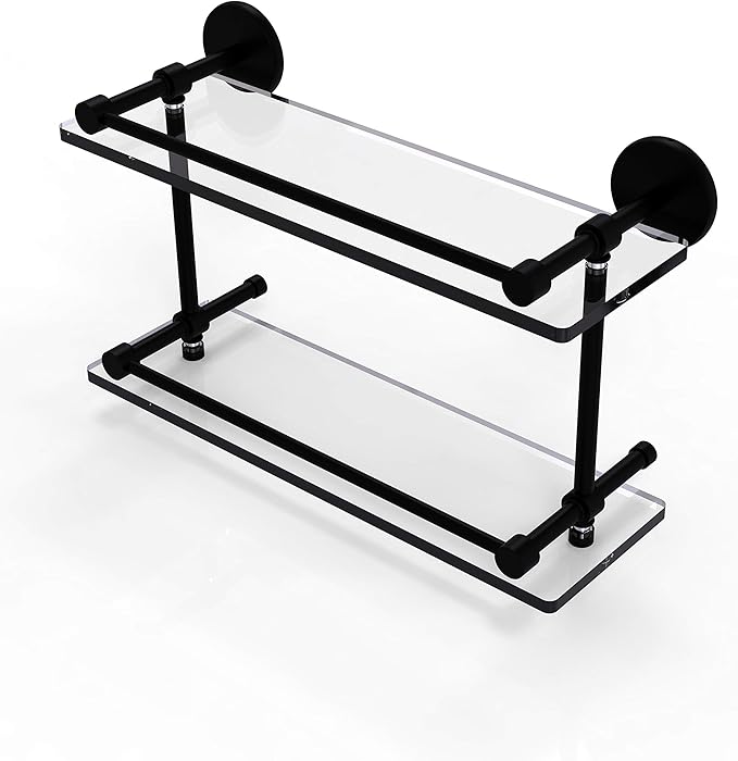 Allied Brass P1000-2/16-GAL-BKM P 1000 2 Gal Inch Tempered Double Gallery Rail Glass Shelf, 16 Inch, Matte Black