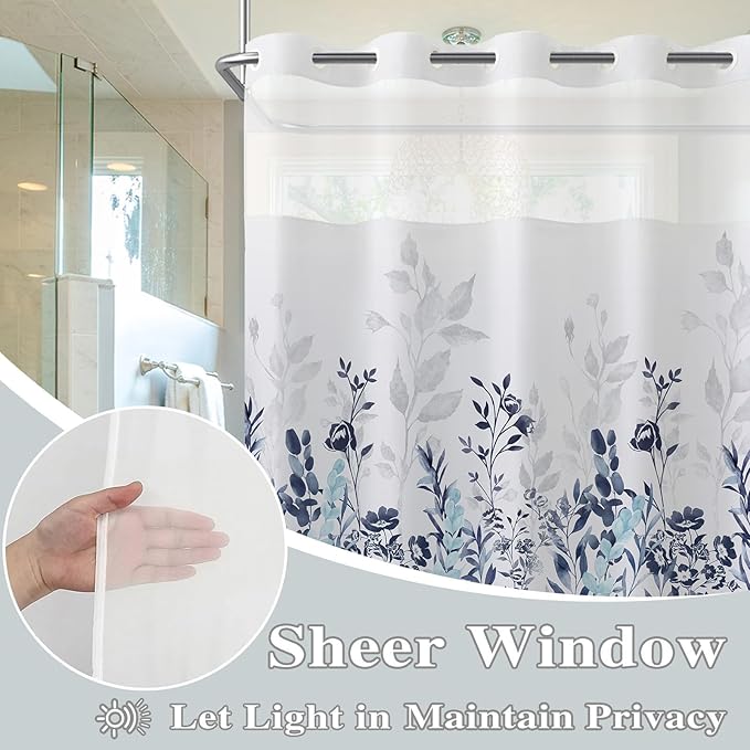 Neasow No Hook Shower Curtain with Snap in Liner, Plant and Flower Curtains with Waterproof Inner Liner for Bathroom, Blue and Grey 72×74 inches