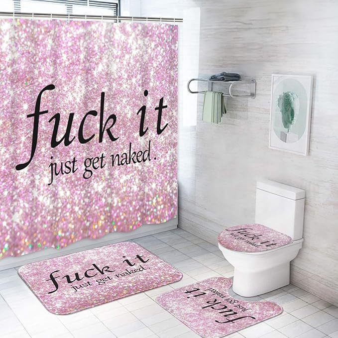 ArtSocket 4PC Pink Funny Get Naked Shower Curtain Sets Diamond Gold Bathroom Decor with Rugs, Non-Slip Rug,Toilet Lid Cover, Bath Mat and 12 Hooks 72x72 inches