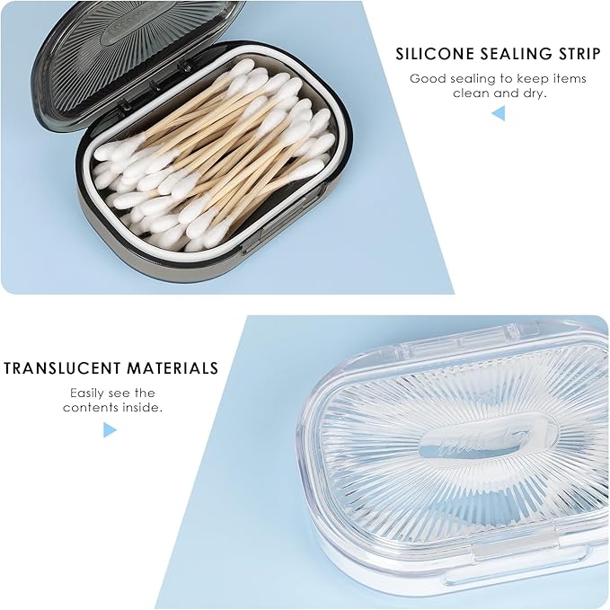 Adorila 2-Pack Travel Cotton Swab Case with Removable 4-Way Divider, Slim Hair Tie & Floss Pick Organizer for Toiletry Bag (Grey/White)