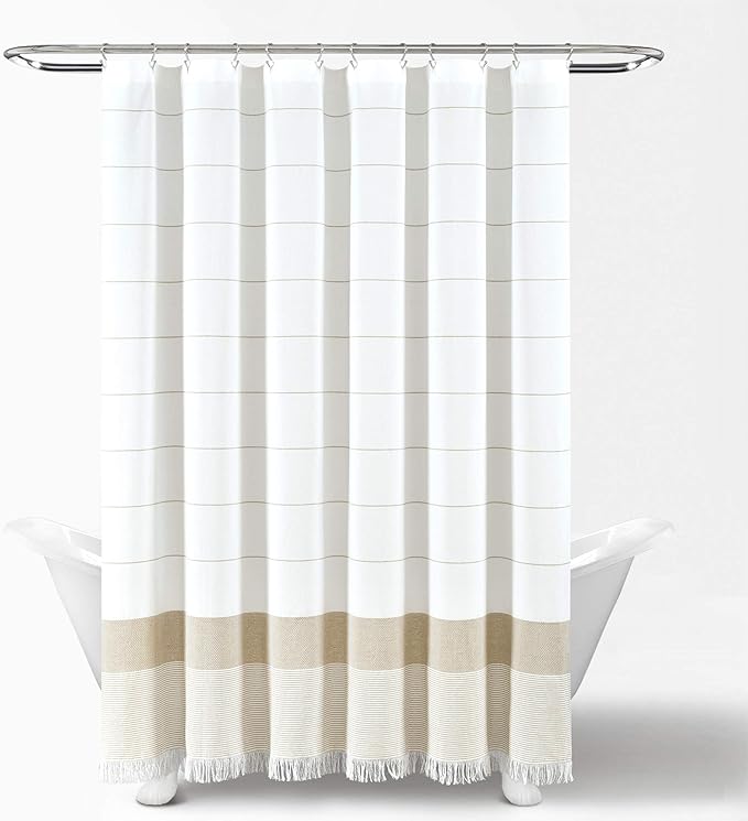 Lush Decor White Woven Cotton Shower Curtain with Taupe Stripe and Tassel Fringe, Bathroom Accessories (72" x 72")