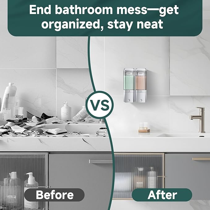 Shampoo and Conditioner Dispenser 2 Chamber No Drill Shower Soap Dispenser Wall Mounted Shampoo Conditioner Body Wash Dispenser 2 * 500ml Refillable Shower Dispenser for Bathroom Hotel, Silver