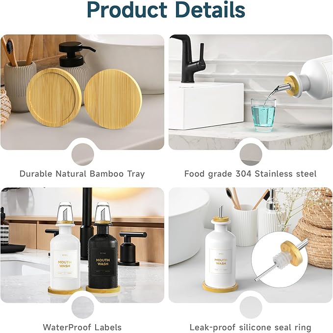 White Glass Mouthwash Dispenser for Bathroom Countertop – 14oz/410ml Refillable Mouthwash Container with Glass Cup & Bamboo Tray, Modern Bathroom Decor for Home, Vacation Rentals, Gym (White)