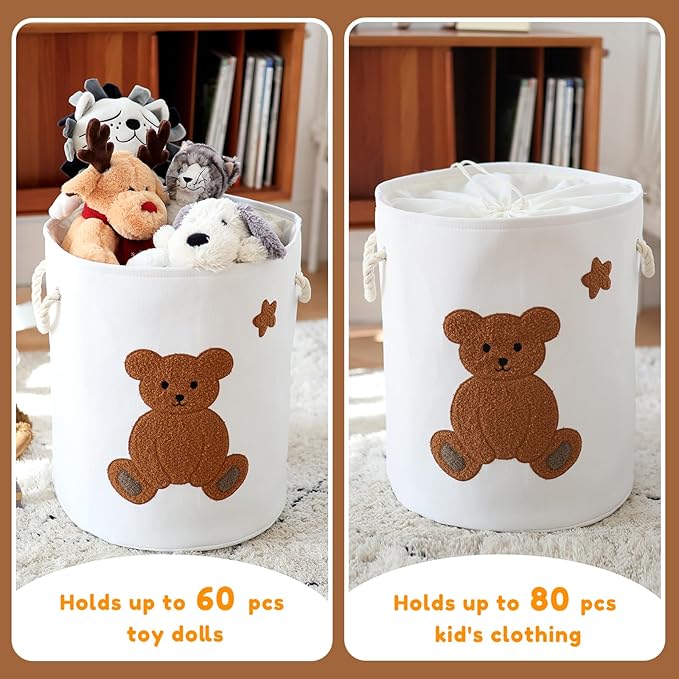 INough Large Laundry Basket Tall Baskets Storage for Dirty Clothes, Toys Storage Bins Baby Hamper 58L Clothes Hamper Blanket Basket Baby Toys Organizer for Nursery Bedroom Living Room Decor, Bear