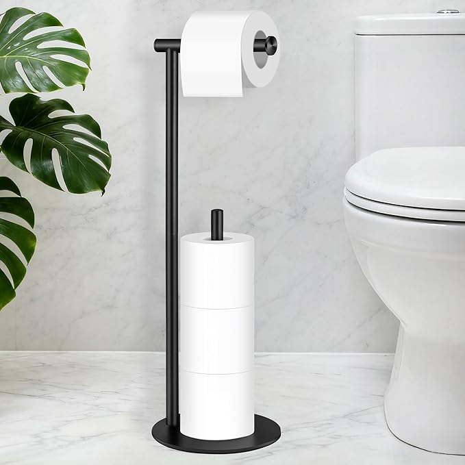 Toilet Paper Holder Stand, Free Standing Toilet Paper Roll Stand with Reserve for Bathroom, Stainless Steel, Black