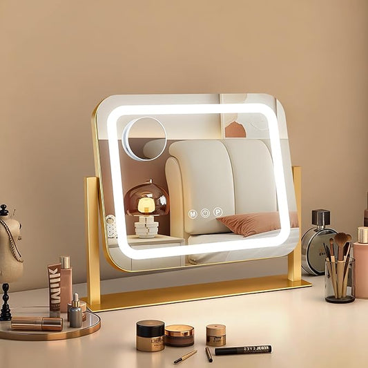 Ratsamee Gold Vanity Mirror with Lights 14"×12", Led Makeup Mirror, Lighted Makeup Mirror with 3 Color Dimmable Lights, Smart Touch Screen Control, 360°Rotation