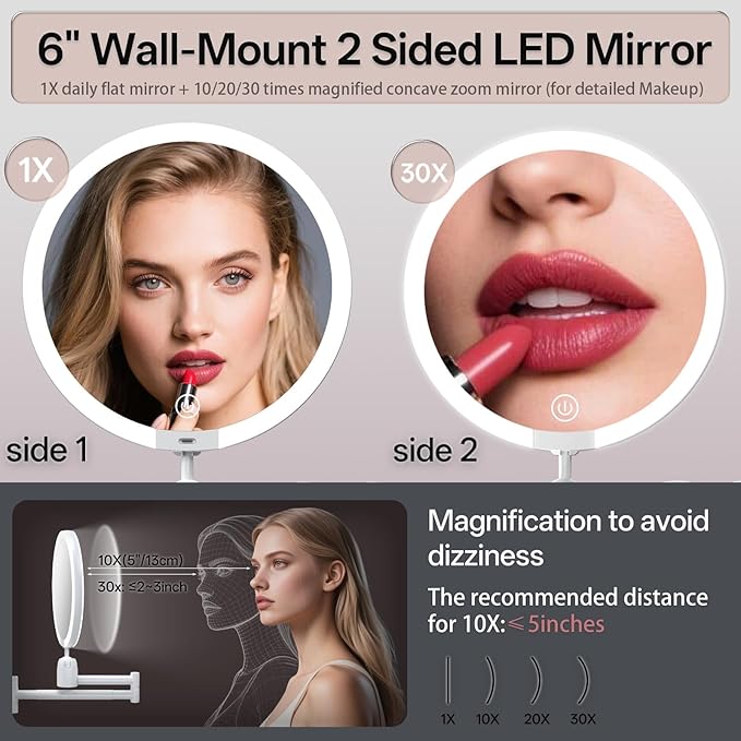6" Led Wall Mounted Makeup Mirror Double Sided 1/30X, 1-Second Install Lightweight Compact Wall Mirror with Light, Rechargeable Extendable Magnifying Mirror for Bathroom, Wall Vanity Mirrors (1+30X)