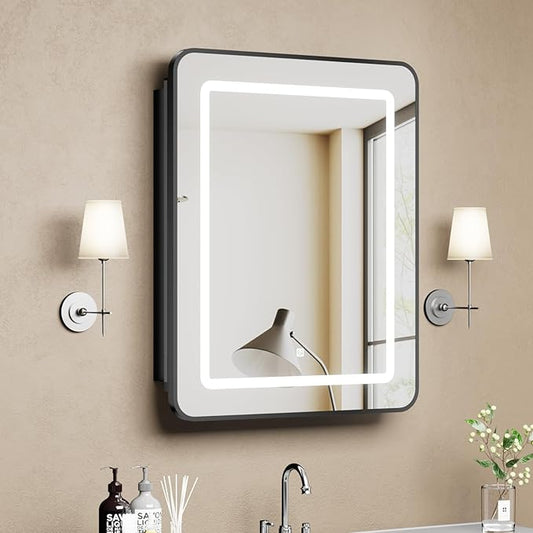 LOVMOR Led Medicine Cabinet with Mirror, Bathroom Vanity Mirror Cabinet with Shelves, 3-Color Lights Dimmer, Black 30" H x 20" W