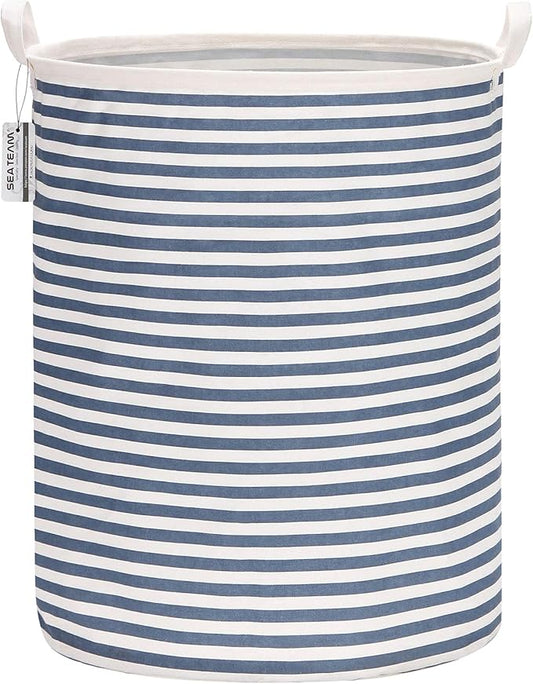 Sea Team 19.7 Inches Large Sized Waterproof Coating Ramie Cotton Fabric Folding Laundry Hamper Bucket Cylindric Burlap Canvas Storage Basket (19.7", Navy Blue & White Stripe)