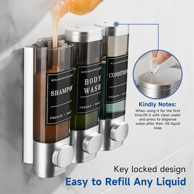 Shampoo and Conditioner Dispenser Shower Dispenser 3 Chamber No Drill Shampoo Dispenser for Shower Wall Mounted Shower Dispenser Body Wash for Bathroom Hotel Large Capacity,Silver