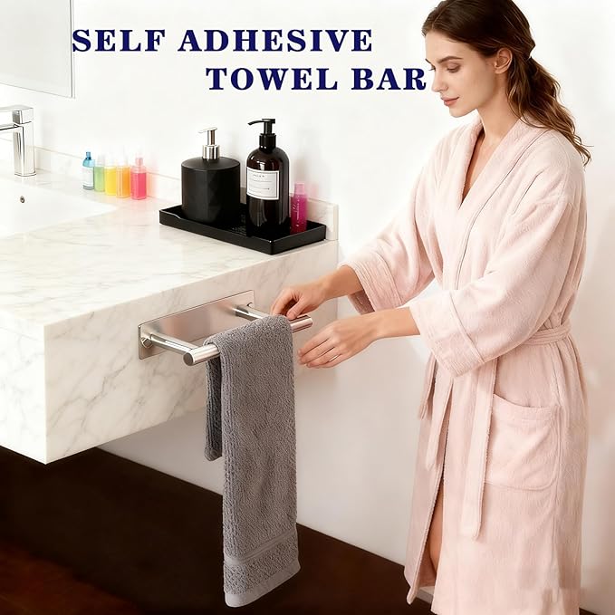 Alise Adhesive Towel Bar Brushed Nickel,Towel Racks for Bathroom Wall Mounted,Bathroom Towel Rack SUS304 Stainless Steel,Towel Holder for Bathroom Hardware Decoration,Sticky or Screw-Mounted,8 Inch