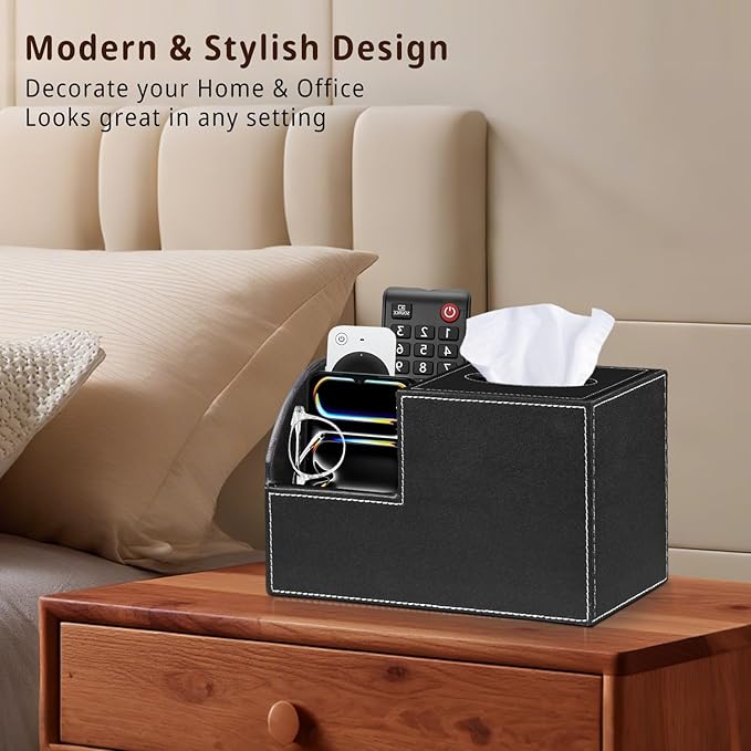 PU Leather Square Tissue Box Cover - Multi-Functional Tissue Box Holder, Tissue Box Cover with Storage,Tissue and Remote Control Holder, Cube Tissue Box Organizer Bedroom Nightstand End Table