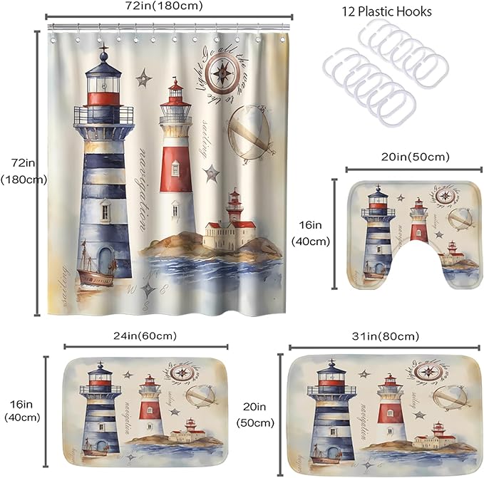 Beach Ocean Modern Bathroom Sets with Coastal Lighthouse Funky Shower Curtain and 20 x 31 Rugs Bathroom Accessories Sets Decor with Bath Rug, Bath Mat, U-Shaped Contour and Hooks 72 x 72 Inch Colorful