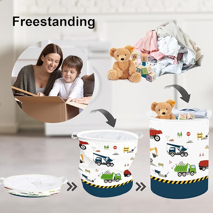 Clastyle Large Construction Truck Kid Laundry Hamper with Handle Boy Bedroom Bathroom Nursery Collapsible Clothes Toy Storage Basket with Lid, Blue Vehicle, 40x50 cm