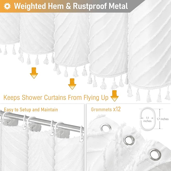 BTTN 80 Inch Long Shower Curtain - 72x80 Boho Farmhouse Tufted Leaves Textured Striped Fabric Shower Curtain Set with Plastic Hooks, Tall Country Shabby Chic Cloth Shower Curtains for Bathroom, White