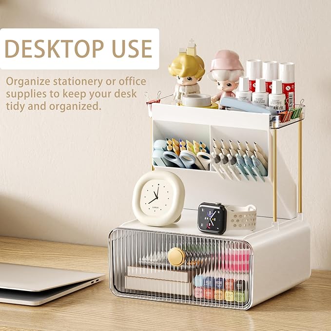 Makeup Organizer with Drawer for Vanity, 2 Tier 5 Zones Cosmetic Display Case Detachable, Cosmetic Storage Perfume Shelf for Bathroom Counter, Perfect Storage Solution for Your Beauty Essential(Clear)