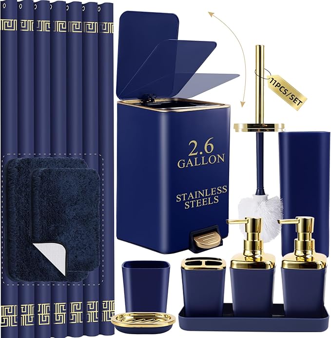 XLHOMO Bathroom Sets with Shower Curtain and Rugs Bathroom Accessories Set Navy Blue Bathroom Set,Soap Dispenser & Toilet Brush Holder Set with Stainless Steel Trash Can