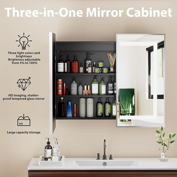 LOVMOR Led Medicine Cabinet with Mirror, Bathroom Vanity Mirror Cabinet with Shelves, 3-Color Lights Dimmer, Silver 32" H x 40" W