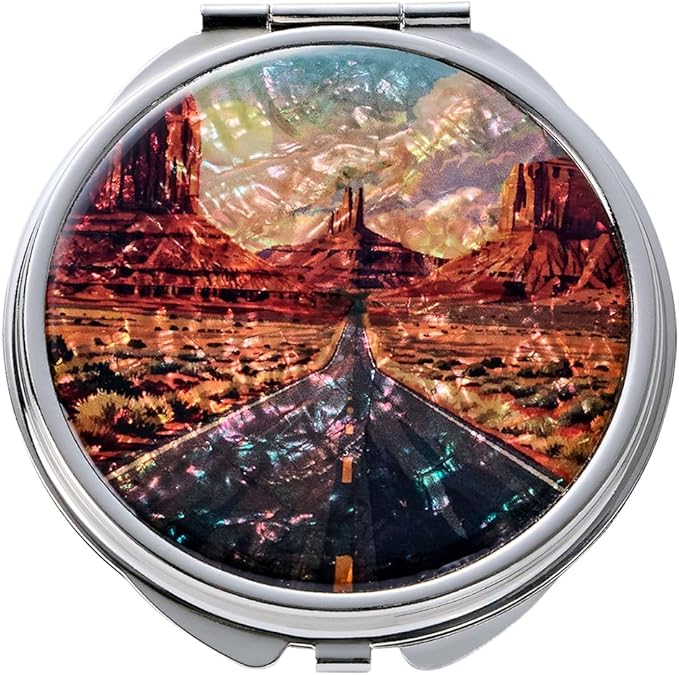 Vintage Style Desert Road Trip Art Mother of Pearl Compact Mirror, Retro West American Scenic View Pocket Mirror, Southwest Landscape Souvenir Travel Gift, Magnifying Makeup Mirror (Silver Small)