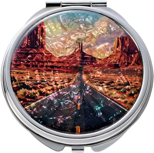 Vintage Style Desert Road Trip Art Mother of Pearl Compact Mirror, Retro West American Scenic View Pocket Mirror, Southwest Landscape Souvenir Travel Gift, Magnifying Makeup Mirror (Silver Small)