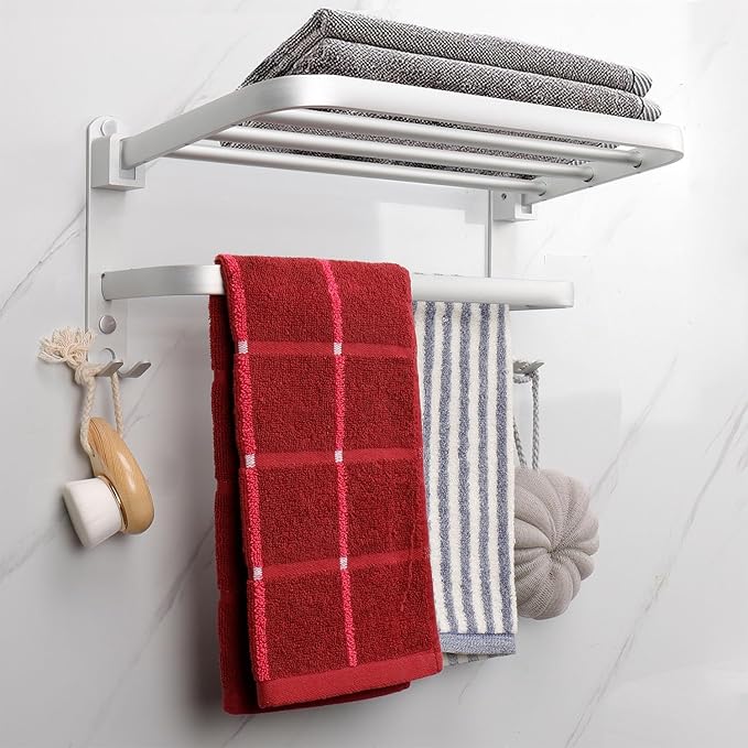 TocTen Towel Rack for Bathroom, Foldable Towel Holder with Double Towel Bars, Wall Mounted Premium Aluminum Bathroom Tower Shelf, Space-Saving Towel Hanger for Bathroom, Lavatory (Silver,16 in)
