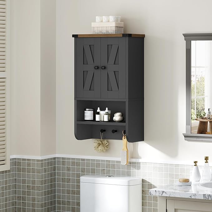 MAHANCRIS Bathroom Wall Cabinet, Farmhouse Medicine Cabinet with Adjustable Shelf, 3-Tier Wall-Mounted Storage Cabinet with 3 Hooks and Open Shelf, for Bathroom, Living Room, Kitchen, Black and Walnut