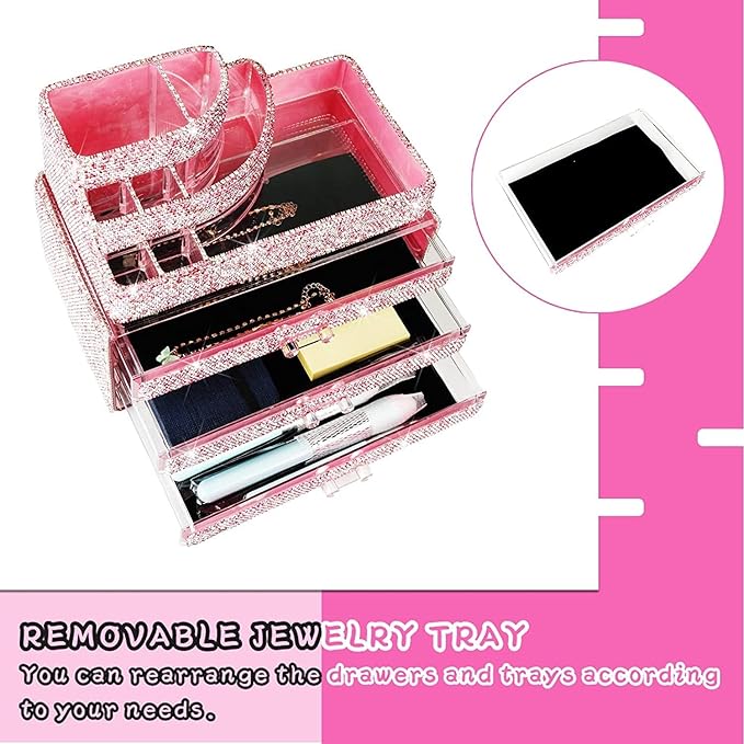 KEYPOWER Makeup Organizers Drawer Bling Diamond,Countertop Jewelry Cosmetic Storage Display Boxes,Makeup Brush Holder,2 Pieces Set(Purely Handmade)(Pink)