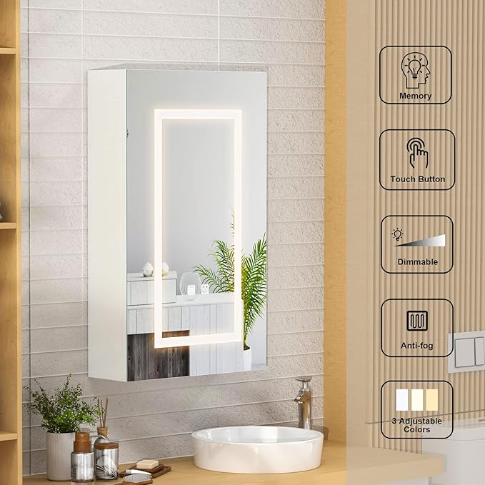 Led Medicine Cabinet, Lighted Medicine Cabinet Mirror with Defogger,Bathroom Mirror with Storage,Wall Mounted, Bathroom Vanity Mirror Cabinet Medicine,16x26 Inch