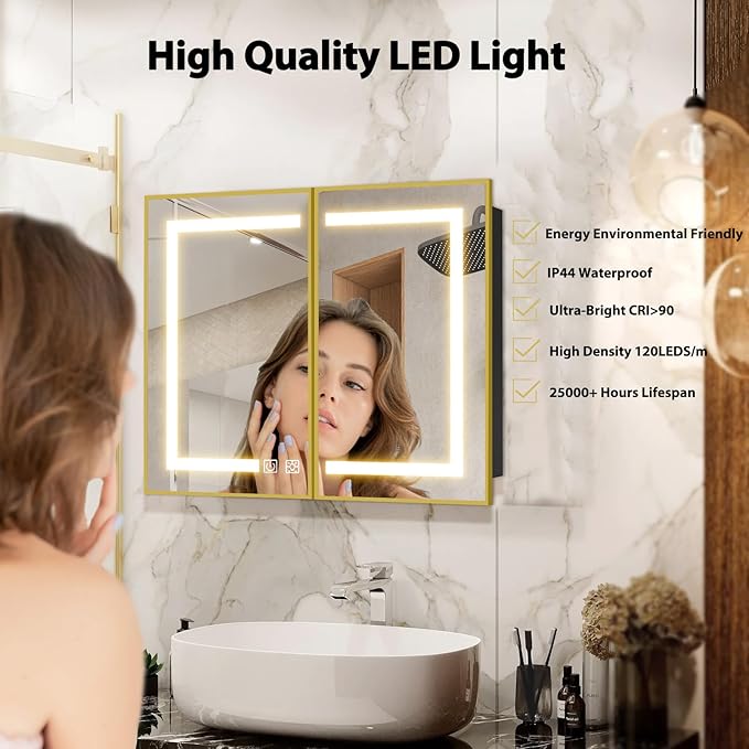 ROOMTEC Lighted Medicine Cabinet with Mirror 40"x32", Wall Mounted Bathroom Mirror with Storage, 2 Doors Bathroom Wall Cabinet with LED Lights,Gold
