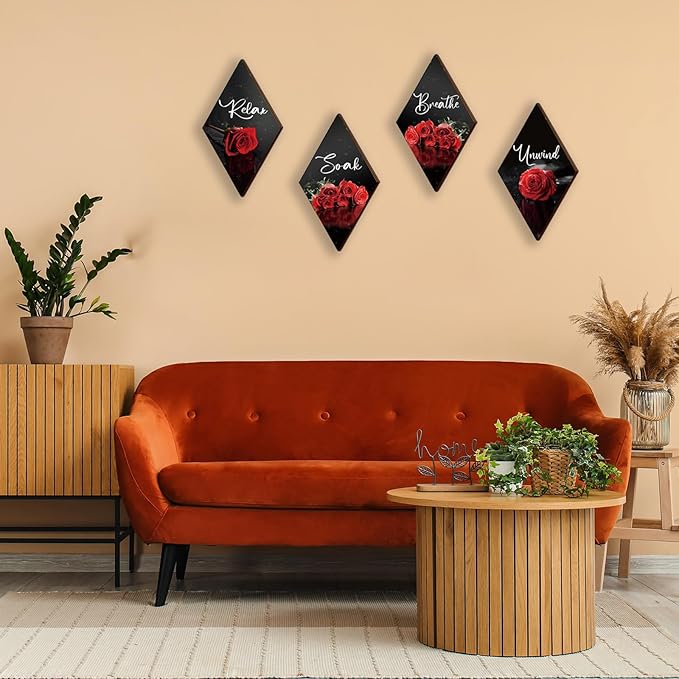 ONIZHITY Set of 4 Red Bathroom Decor Rose Wooden Wall Decor Flower Rustic Romantic Floral Farmhouse Wall Decor Modern Breathe Soak Unwind Relax Signs Red Decor for Room Kitchen Bathroom (12 x 7)