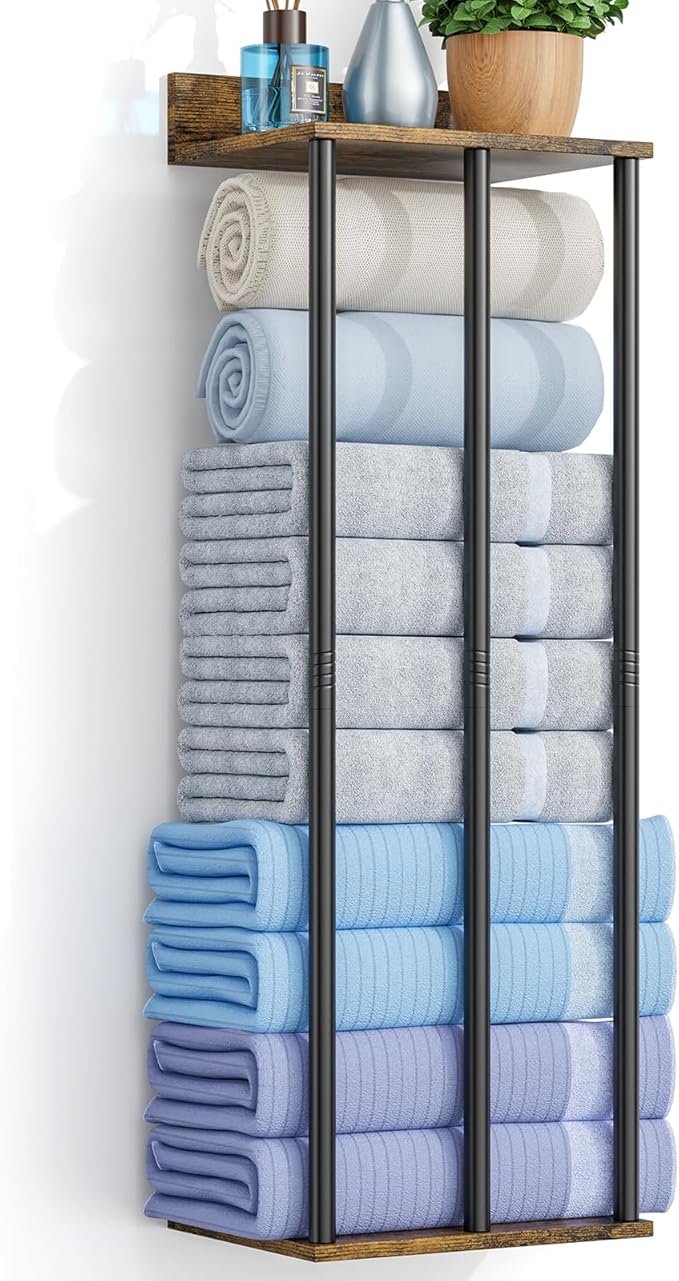 Towel Rack with Shelf – Modern Towel Holder for Bathroom Wall Mounted, Holds 6 Large Bath Towels, Rolled Towel Organizer for Bathroom, Laundry Room, and Small Space Storage，Vintage Color