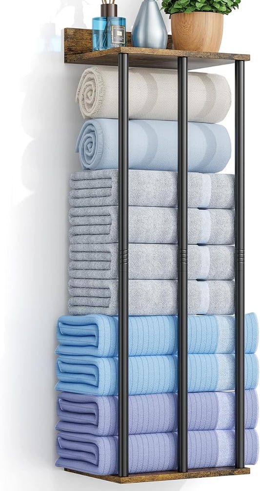 Towel Rack with Shelf – Modern Towel Holder for Bathroom Wall Mounted, Holds 6 Large Bath Towels, Rolled Towel Organizer for Bathroom, Laundry Room, and Small Space Storage，Vintage Color