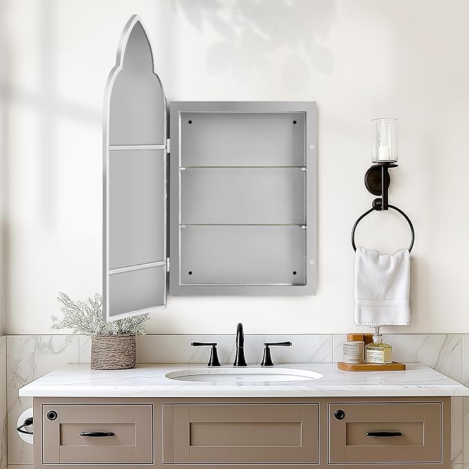 SogesHome Medicine Cabinet with Mirror, Magic Mirror with 2 Shelves, Wall Mount/Recessed Medicine Storage, Perfect for Bathroom and Home Decor, Silver