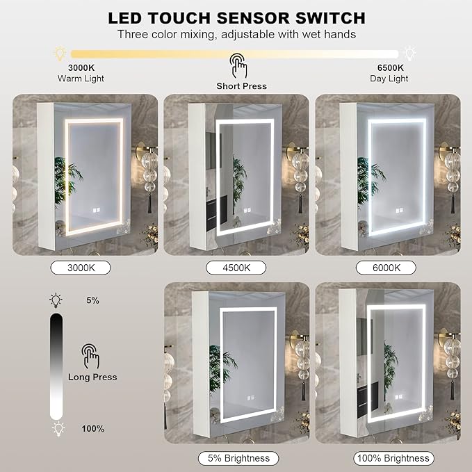 LED Medicine Cabinet with Lights,Lighted Medicine Cabinet with Mirror,Bathroom Mirror Cabinet Wall Mounted,Defogger,Memory 3-Color Mode, Dimmer, 24x30 Inch