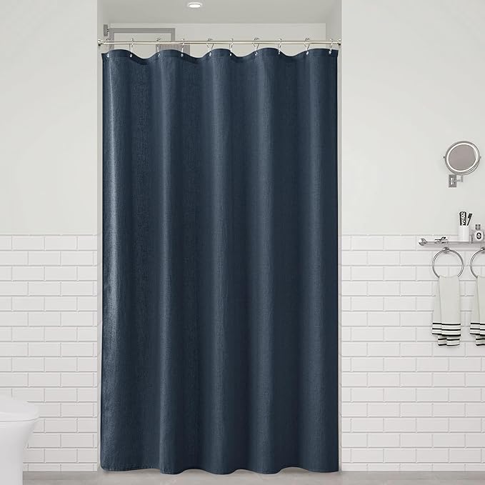 Naturoom Denim Blue 60 Inch Shower Curtain - Stall Narrow Half Linen Ultra Thick Fabric Shower Curtain Set with Hooks, Boho Farmhouse Rustic RV Camper Bath Curtains for Bathroom, 60x72