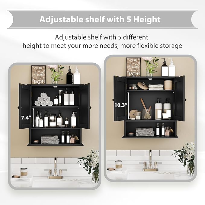 Bathroom Wall Cabinet, Black Bathroom Cabinet with 2 Mirror Doors and Adjustable Shelf, Wall-Mounted, Medicine Cabinet, 21.5" W x 7.8" D x 23.6" H
