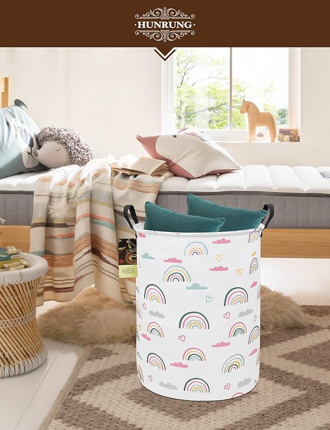 HUNRUNG Laundry Hamper,Large Canvas Fabric Lightweight Storage Basket Toy Organizer Dirty Clothes Collapsible Waterproof for College Dorms???Round-Rainbow???